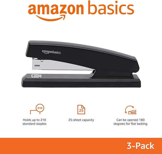 Amazon Basics Desktop Stapler with 1000 Staples, Office Stapler, Lightweight, Easy to Use, 25 Sheet Capacity, Non-Slip, Black, 3 Pack