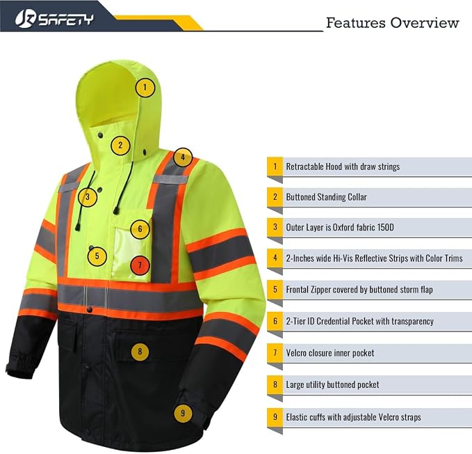 JKSafety Hi-Vis Reflective Safety Rain Jacket for Men Women Waterproof Rain Gears for Farming Fishing Work HV Rain Jacket with Inner Mesh Lining and Pockets (117A-YBlk M)