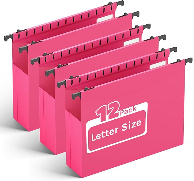 Ansook Plastic Hanging File Folders,Letter Size,Extra Capacity, 2" Expanding Accordian Pocket,Heavy Duty for Filing Cabinet,Hard and Durable Hang Folders Organizer,Letter Size,Pink - 12 Pack