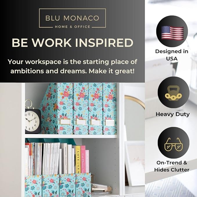 BLU MONACO Floral Magazine Holder, Set of 4 Foldable Magazine File Boxes, Aqua Floral Pattern with Gold Label Holder, Vertical Desk Organizer and Binder Holder