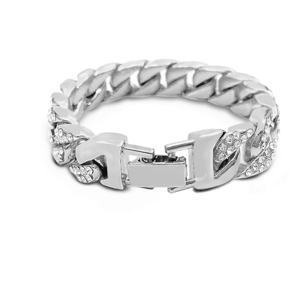 Aiyo Nice Mens Womens Cuban Link Bracelet Hip Hop Bracelet Stainless Steel Chain Bracelet Iced Out Curb Cuban 18k Gold Plated Bracelet With Clear Rhinestones (A-Silver)