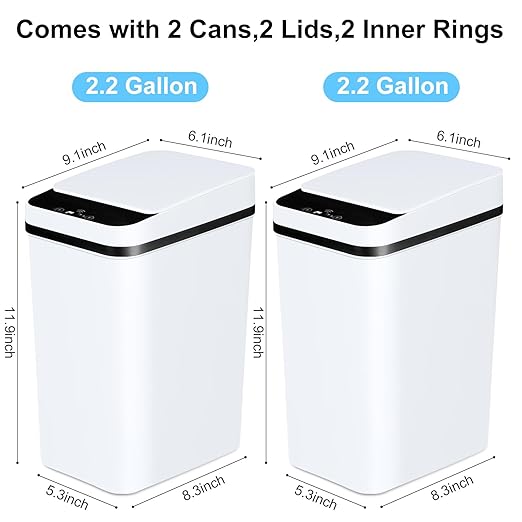 Bathroom Trash Cans with Lid 2 Pack 2.2 Gallon Touchless Automatic Motion Sensor Small Slim Garbage Can, Smart Electric Narrow Garbage Bin for Bedroom Office Kitchen (White)