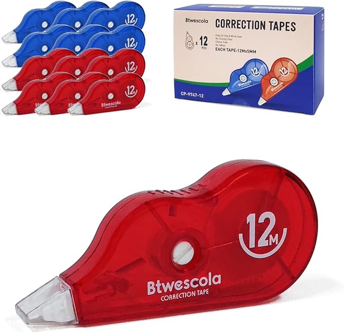 Correction Tape, 39.37FT Gift Packed Tear-Resistant Correction Tape, Tape for School, Office, With Roller Adjuster (9747-12pcs)