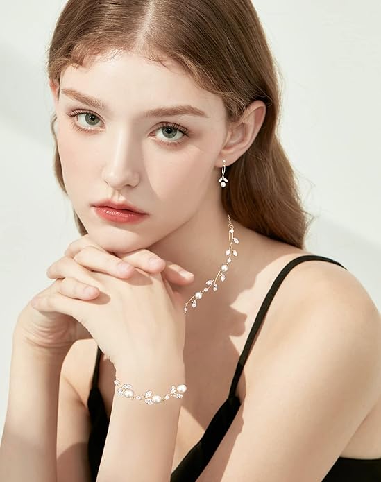 Luxury Cubic Zirconia Aurtrian Crystal Pearl Floral Necklace Dangle Earrings Wedding Bridal Jewelry Set Birthday Gifts for Her