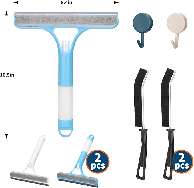 Juome 2PCS 3 in 1 Window Cleaning Scraper - Window Cleaner Squeegee with Sprayer, Squeegee for Window Cleaning Kit, Window Cleaning Tool with Cleaning Brush for Shower Glass, Mirrors, Home Window, Car