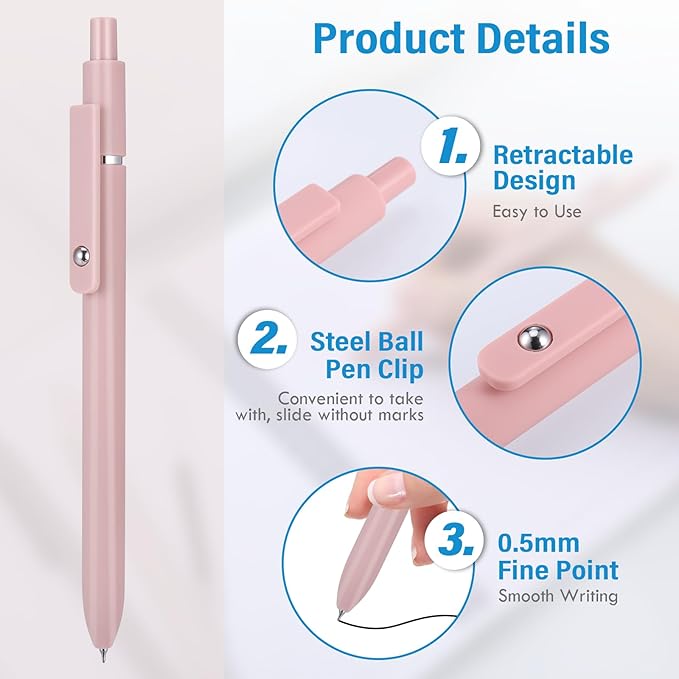 5 Pcs Gel Ink Pens, 0.5mm Fine Point Black Ink Ballpoint Pens, Metal Clip Retractable Pens, Quick Drying Pens for Smooth Writing (Morandi)
