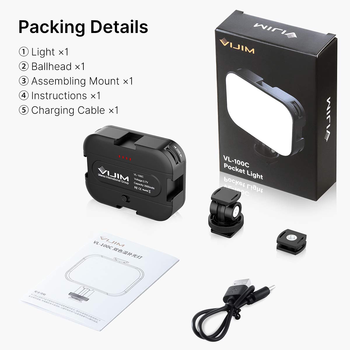 VIJIM VL100C Bi-Color LED Video Light on Camera,Mini Rechargeable 2000mAh LED Camera Lights,CRI95+ Dimmable 2500-6500K Ultra Bright Photo and Video Lighting,LED Fill Lamp