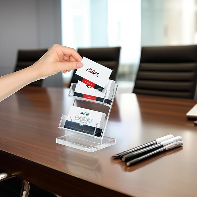NIUBEE Acrylic Business Card Holder for Desk 2 Tier Clear Gift Card Display, Business Card Stand for Office Exhibition, 130 Cards Capacity, 2 Slots