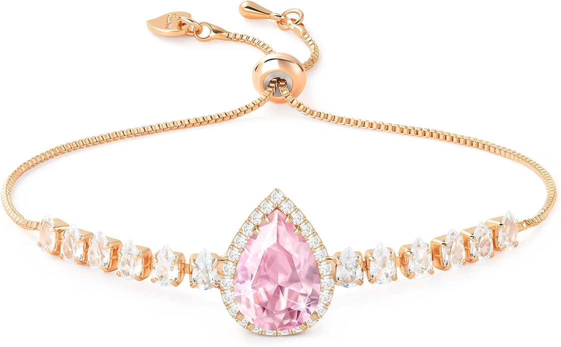 Linawe Crystal Imitation Diamond Rhinestone Charm Bracelets for Women, Gold/Silver/Rose Gold Adjustable Chain Bracelet, Teardrop Birthstone Cubic Zirconia Prom Costume Wedding Jewelry