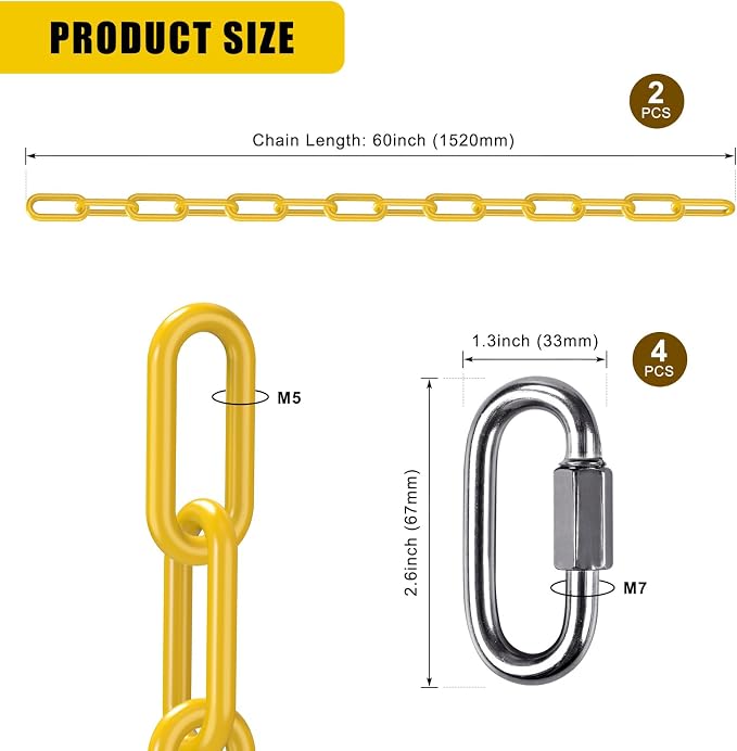 2Pcs 60" Heavy Duty Hanging Chains with Carabiners 1000 LBs Capacity Swing Chain with Hooks Porch Swing Chains Yellow Coated Chain for Hammock, Tree Swing, Hanging Chair, Heavy Bags, Swing Chair