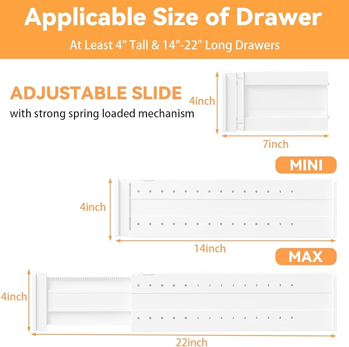 REBECAT 10 Pack Drawer Dividers for Clothes Adjustable Drawer Dividers 4" High Expandable from 15"-21" for Dresser Baby Clothes Bathroom,Bedroom Kitchen and Office Storage，White