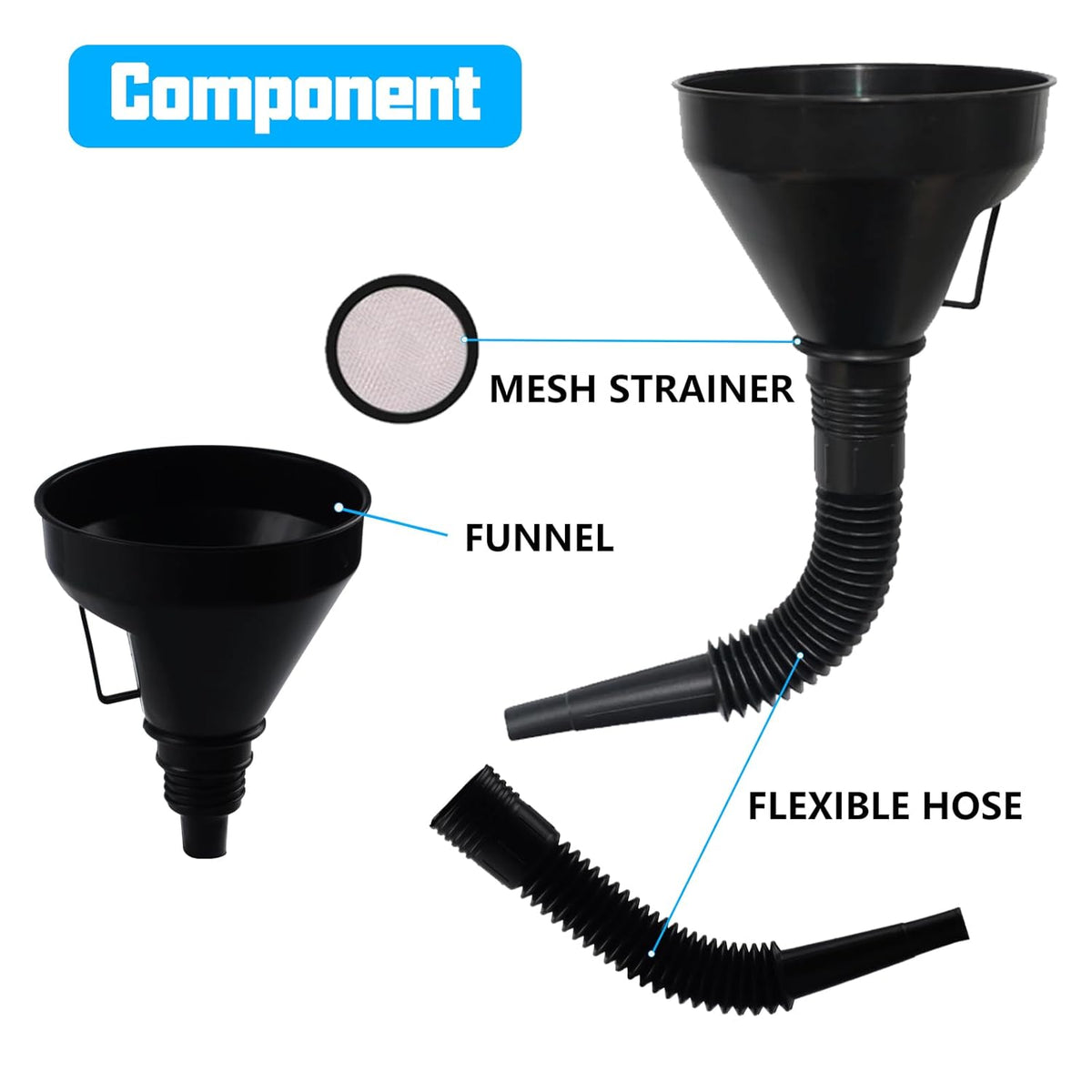 5 Pcs Automotive Funnels Set, Wide Mouth Fuel Funnel, Plastic Long Neck Oil Funnel, Flexible Right Angle Funnels, with Detachable Spout and Filter for Water/Gasoline/Coolant/Engine Oil