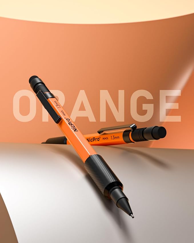Nicpro 3 PCS 1.3 mm Orange Mechanical Pencils Set with 66 Lead Refill, 3 Eraser - Weatherproof Metal Barrel, Heavy Duty Carpenter Pencil MP2000 for Outdoor Marking Drafting Drawing Woodworking