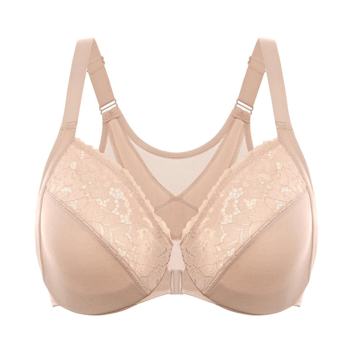 DELIMIRA Women's Front Closure Bras Posture Full Coverage Plus Size Lace Underwire Unlined Bra Beige 40DD