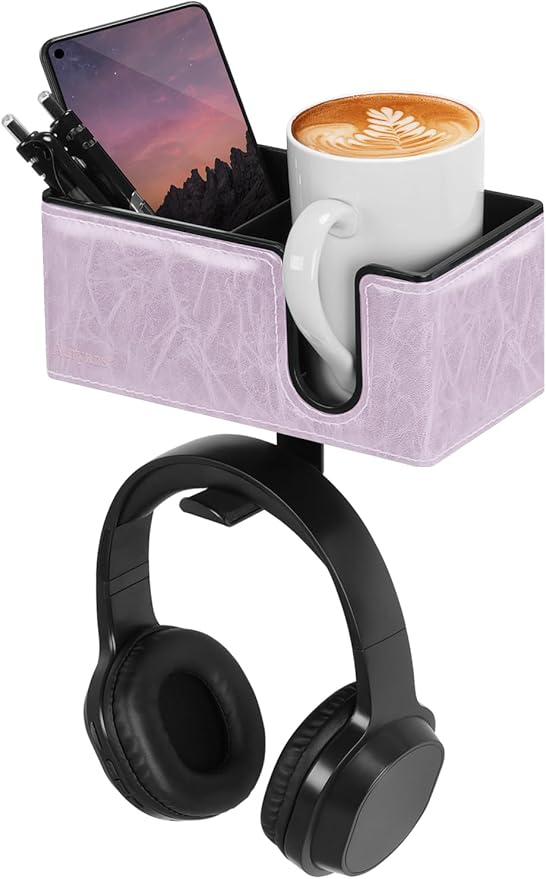 Desk Cup Holder Clip on Pen Holder Headphone Hanger Headset Stand Rotatable Clamp Hook Under Desk (Violet)