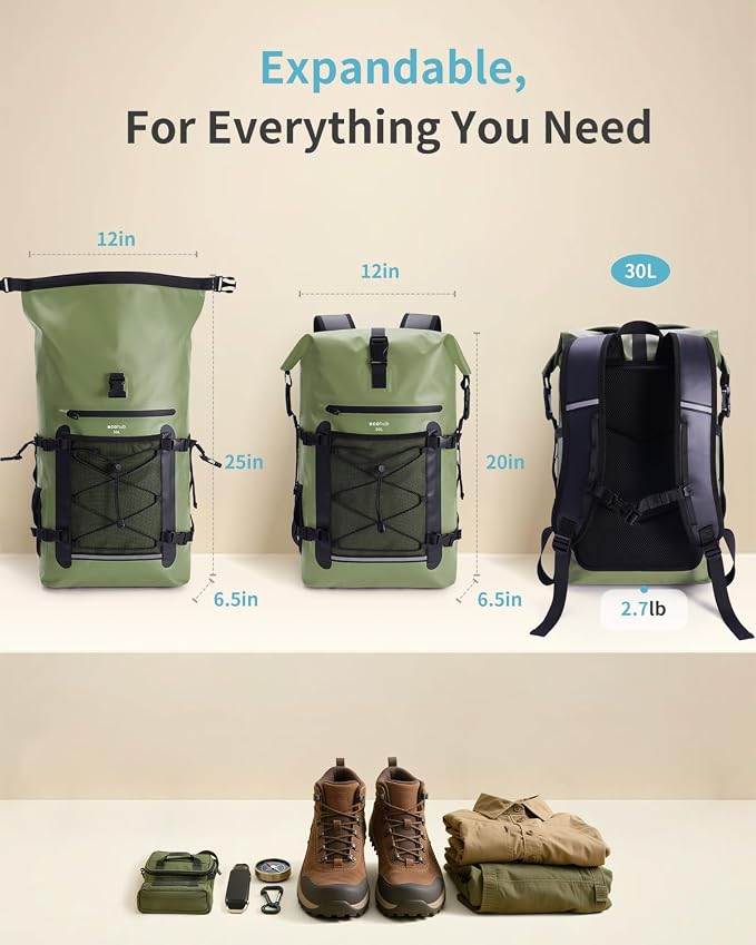 ECOHUB Waterproof Backpack for Women Men, 30L Roll-Top Closure Heavy Duty Dry Bag for Travel with IPX8 Waterproof Phone Case