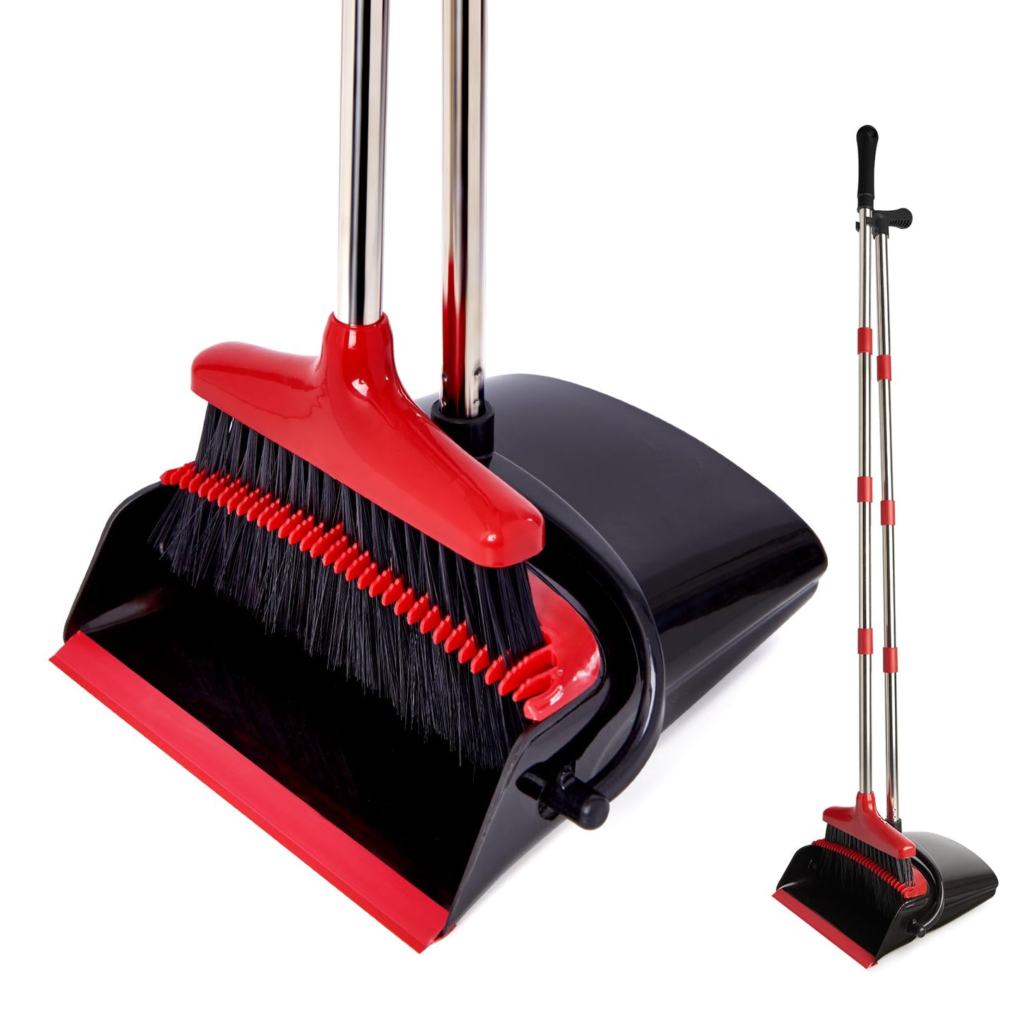 XXFLOWER Broom and Dustpan Set with Long Handle, Light Weight Stainless Steel Poles Stand Upright Dustpans with Broom Combo for Home Kitchen Office Pet Dog Hair, Black & Red Color, 1-Pack