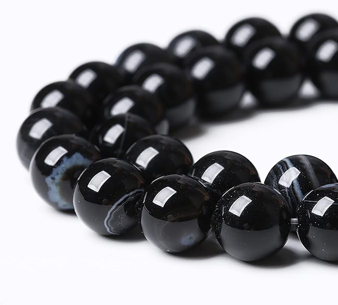 32PCS 12mm Natural Black Striped Agate Beads Gemstone Round Loose Beads for Jewelry Making DIY Bracelet Necklace 15" Inch