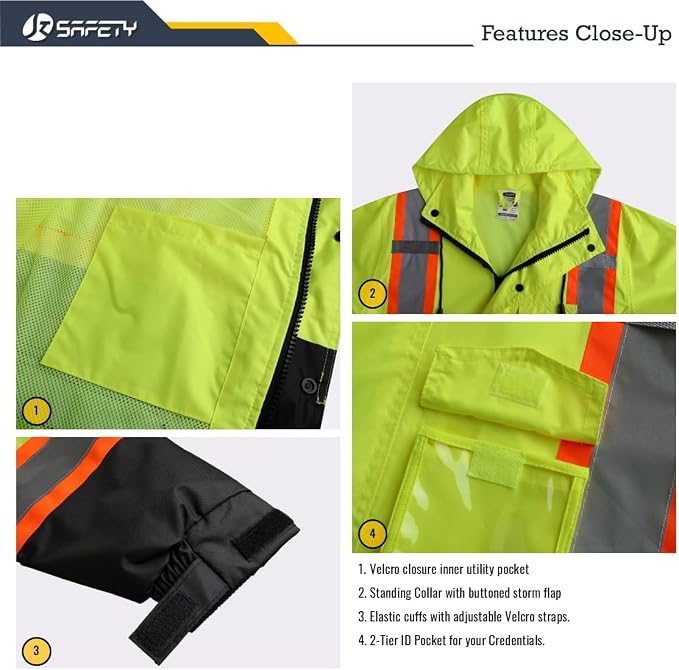 JKSafety Hi-Vis Reflective Safety Rain Jacket for Men Women Waterproof Rain Gears for Farming Fishing Work HV Rain Jacket with Inner Mesh Lining and Pockets (117A-YBlk XXL)