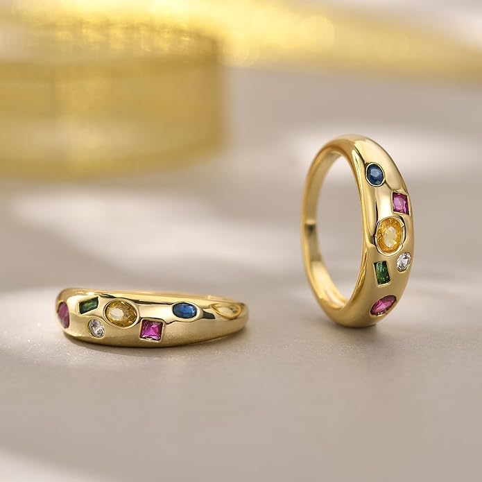 AllenCOCO Chunky Gold Plated Rings for Women - Trendy Cubic Zirconia 14k Gold Filled Stackable Rings