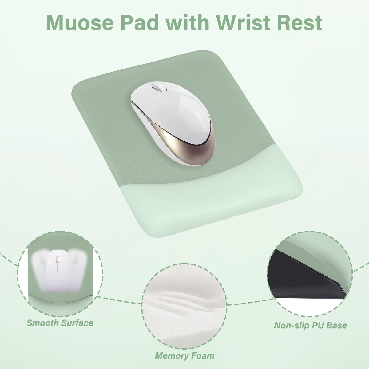 MOSISO Wrist Rest Support for Mouse Pad&Keyboard Set, Rectangular Ergonomic Mousepad Non-Slip Base Home/Office Pain Relief&Easy Typing Pad with Neoprene Cloth&Raised Curved Memory Foam, Green
