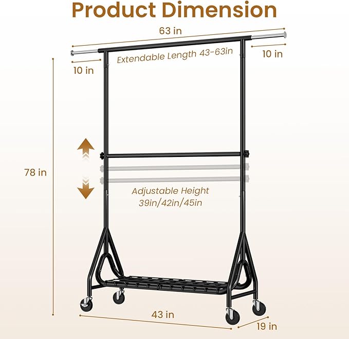 Heavy Duty Clothes Rack for Hanging Clothes, Double Rods Clothing Rack with Lockable Wheels, Rolling Garment Racks with Shelf, Easy to Assemble, Black
