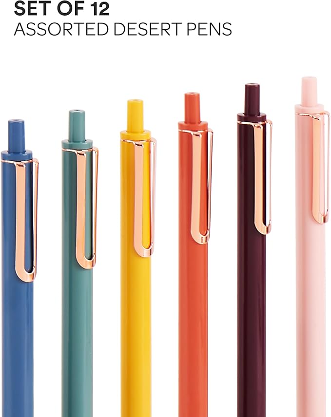 Poppin Stylish Retractable Gel Pens - Fine Point, 0.7mm Tip, Smooth Writing Ink, Metal Clip, Assorted Desert with Black Ink, 12 Pack