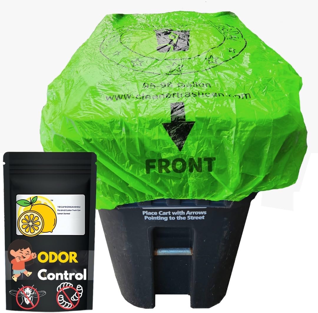 Trash Can Smell Eliminator Cover Odor Eliminating Bag with Optional Straps Lemon Scented Durable Chemical Free 32 Gallon 2 Pack