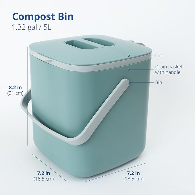 Blue Ginkgo Kitchen Compost Bin [5L / 1.32 GAL] – Filter-Free, Odor-Tight Countertop Food Waste Pail with Handles (Made in Korea, Green)