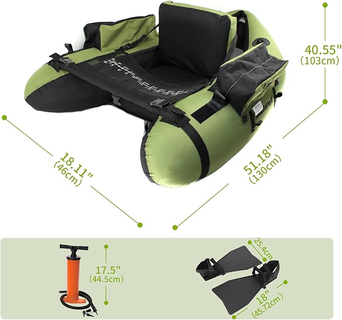 Fishing Float Tube with Adjustable Backpack Straps, Storage Pockets, Fish Ruler, Fly Fishing Boat with Pump, Oar, Rod Holder and Mount, Fins, 350LBS Load Bearing Capacity, FT003