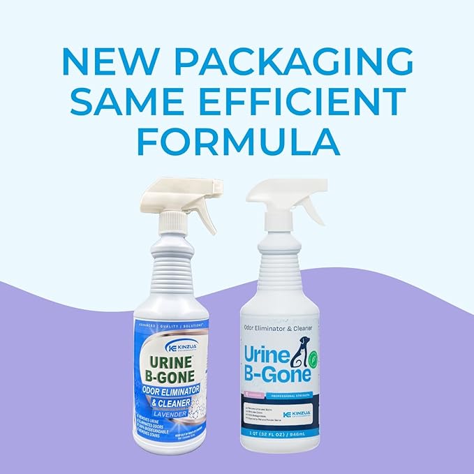 KINZUA ENVIRONMENTAL Urine B-Gone, Professional Enzyme Odor Eliminator & Pet Stain Remover, Human, Cat & Dog Urine Cleaner, Effective on Laundry, Carpets & More, Lavender Scent, 32oz