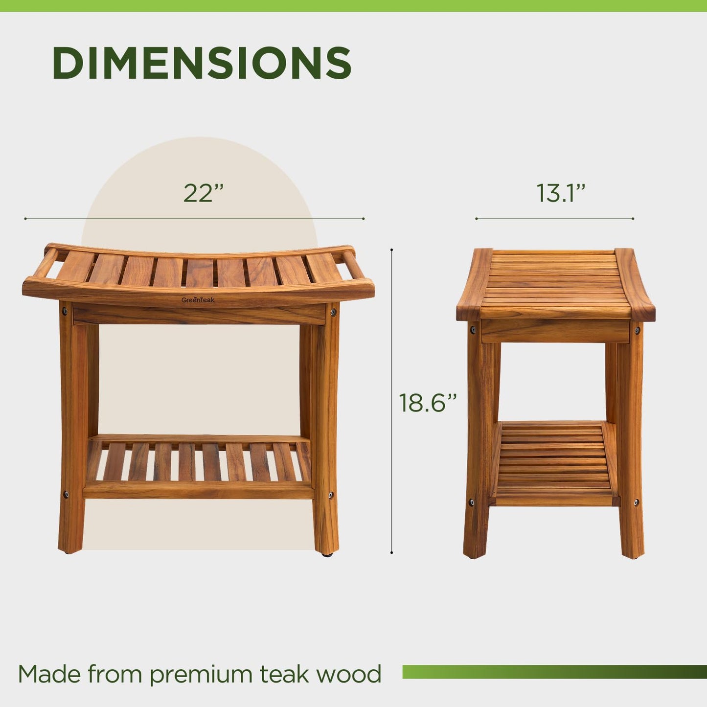 GREENTEAK Premium 22" Teak Wood Shower Bench with Shelf, 2-Tier Waterproof Teak Shower Stool, Non-Slip Feet for Enhanced Safety, Spa Bath Seat for Bathroom, Indoor & Outdoor Use, 300 lb Capacity