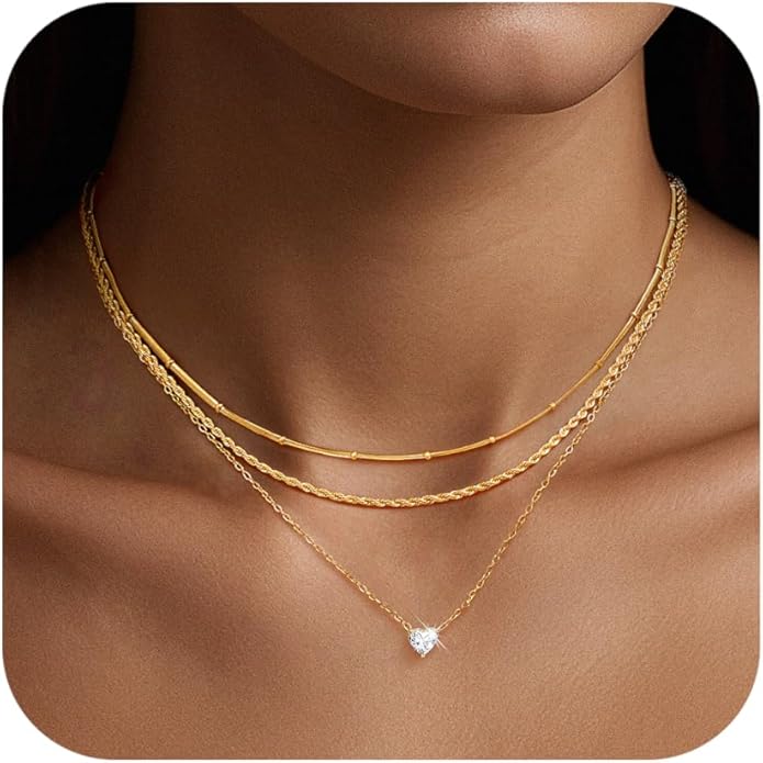 KSF Layered Gold Necklaces for Women - 18K Gold Plated 3PCS Dainty Simple Stackable Choker Necklace, Cubic Zirconia Pendant Necklace Trendy Jewelry Gift Set for Women