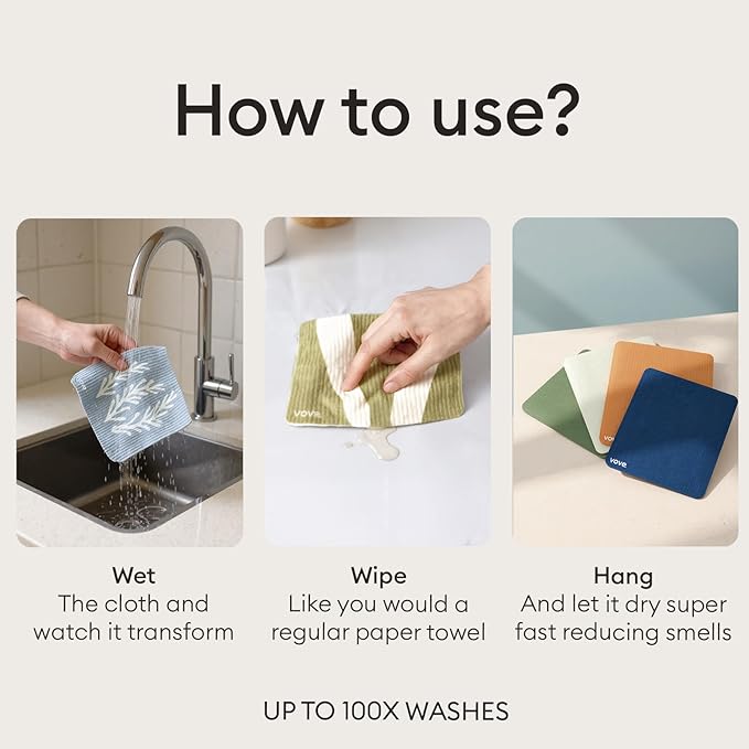 Vove Swedish Dishcloths 5-Pack, Essential Neutrals - FSC Certified Cellulose & Cotton, Oeko-TEX Standard 100, Reusable Washable Kitchen Cleaning Cloths, Eco Friendly Floral Design