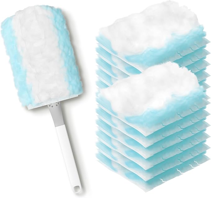 JOYMOOP Disposable Electrostatic Duster for Cleaning,With 1 Handles & 12 Ct Blue Heavy Duty Refills for Swiffer Feather Duster,Household Cleaning Tool for Electronics,Dusting Furniture,Blinds,Pet Hair