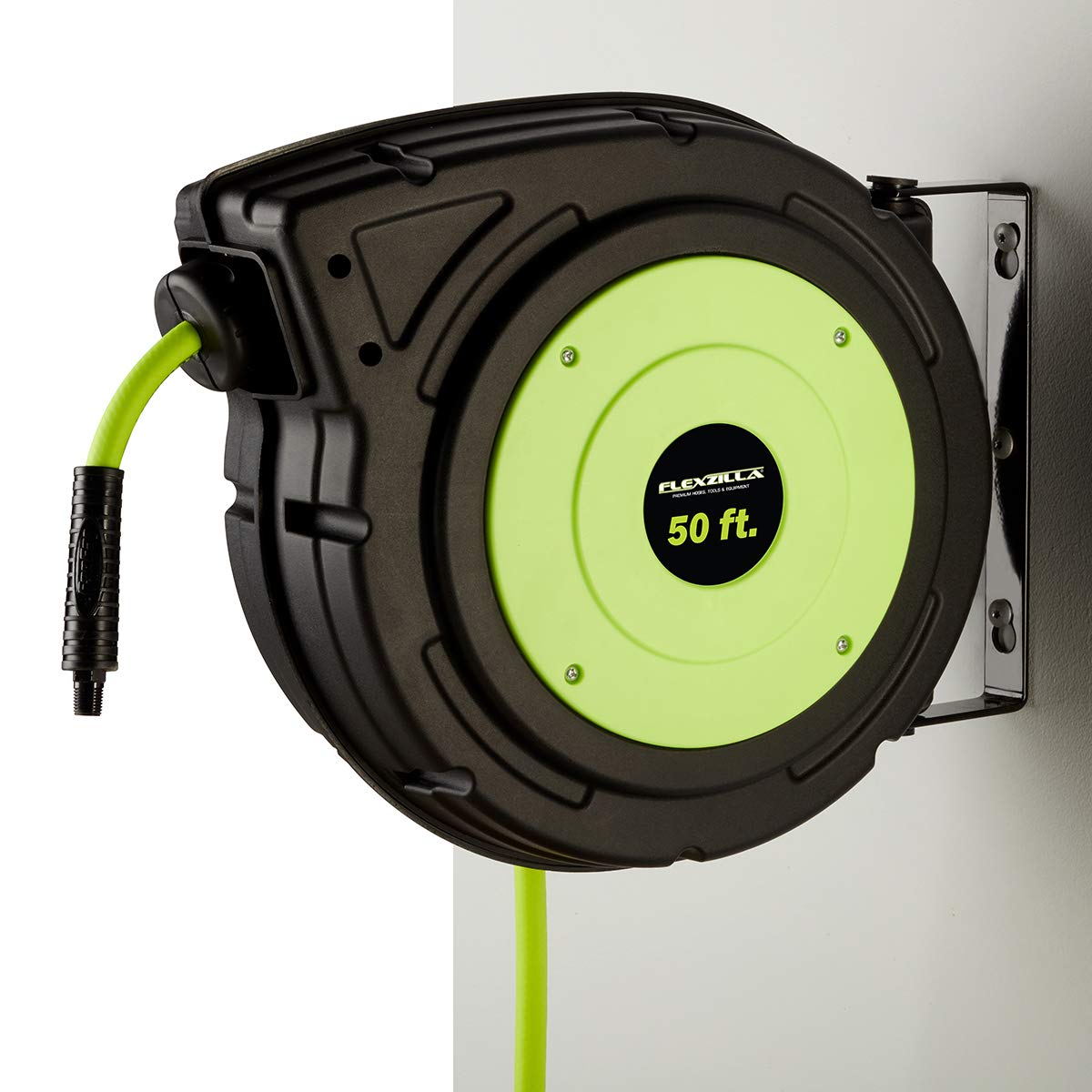 Flexzilla Retractable Enclosed Plastic Air Hose Reel, 3/8 in. x 50 ft., Heavy Duty, Lightweight, Hybrid, ZillaGreen - L8250FZ