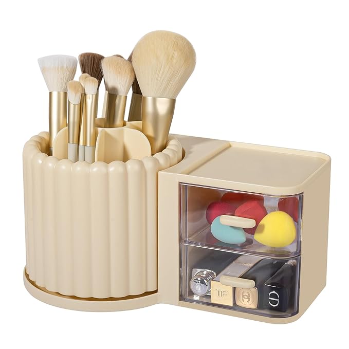 Anyoifax 360 Rotating Makeup Brush Holder 7 Slots Makeup Organizer with Drawer Removable Spinning Cosmetic Storage Pen Holder for Vanity, Dresser, Desk, Beige