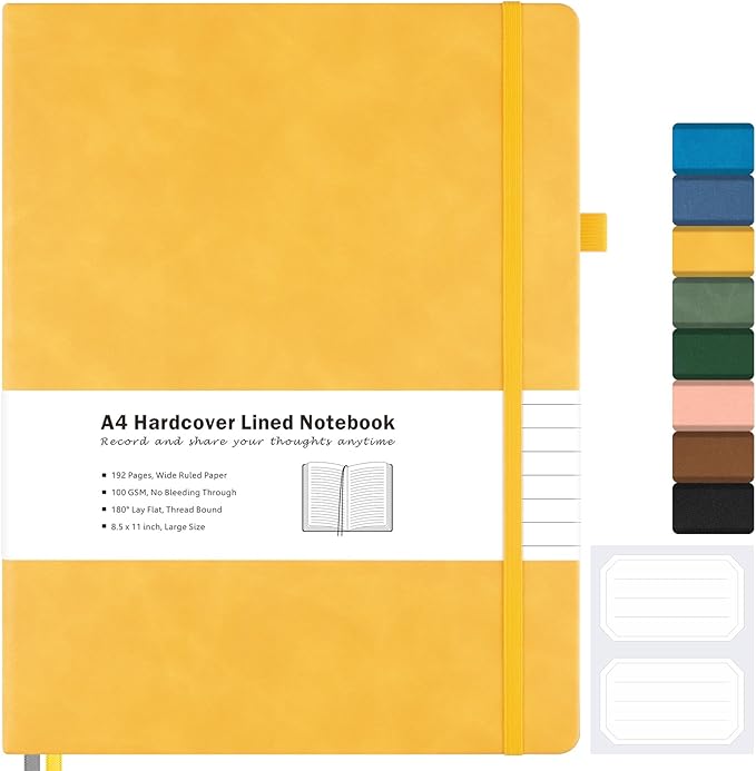 Lined Journal Notebook, 8.5" x 11" Hardcover Leather Notebook for Work, Wide Ruled Notebook Journal for Women Men, 192 Thick Paper, Lay Flat, 2 Pockets, A4 Large Journals for Writing, Yellow Notebook
