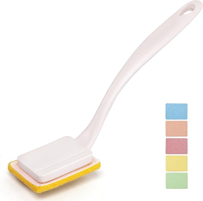 Dish Brush with Handle,Non-Scratch Household Cleaning Brushes Dishwand with 5 Sponge Refills for Pans, Pots, Sink & Tubs,White