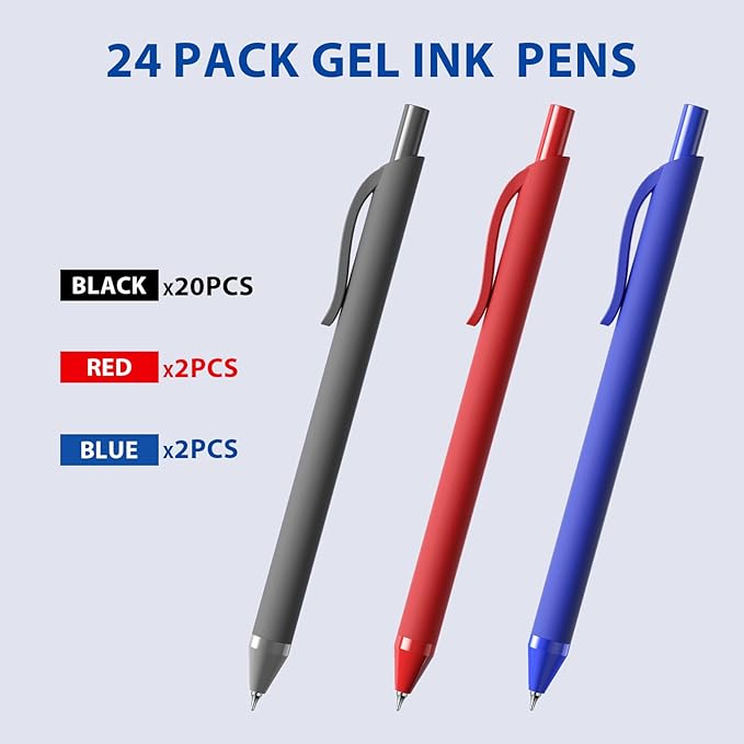 24 Pack Gel Pens Bulk, Black Gel Ink Pens, (0.7 mm) Fine Point Point Pen, Retractable Smooth Writing Pen for Journal Writing,Home Office School Supplies (Black, Red,Blue ink)