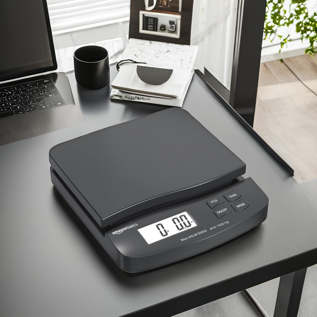 Amazon Basics Digital Postal Scale, AC Adapter, 65 lb Capacity, 0.1 oz Readability, Black