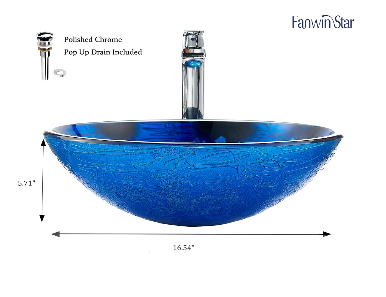 Fanwin Star Blue OceanMystery Series Tempered Deco Glass Vessel Bathroom Sink in Starry Blue | Top Mount Sinks Above Countertop | Vanity Countertop Sink Bowl with Pop Up Drain |FW-LA604