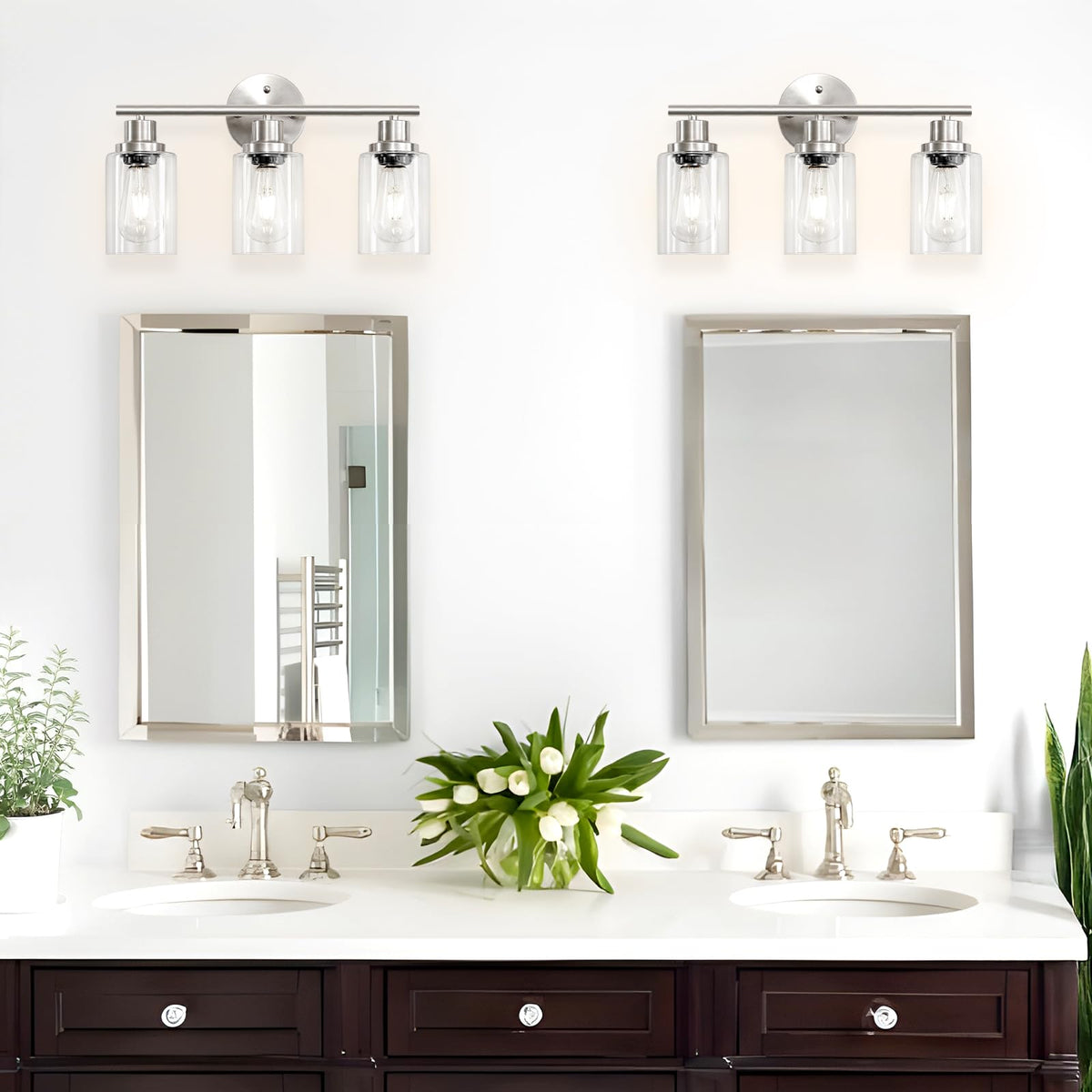 Guliaofo 3-Light Brushed Nickel Vanity Lights, E26 Modern Bathroom Light Fixtures with Clear Glass Shade, Wall Lamps for Mirror Kitchen Hallway Cabinet Living Room Sconces Lights