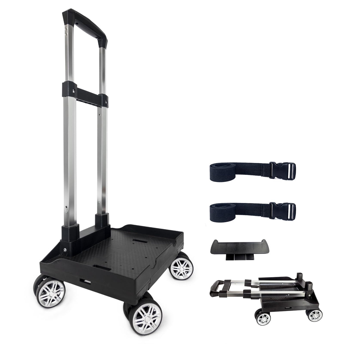 Backpack Trolley Wheeled Cart, Foldable Aluminium Alloy Hand Truck with Edge Guard Base, 4 Spinner Wheels, Luggage Cart with Luggage Strap for Teenagers, Adults, School,Luggage Trolley for Travel