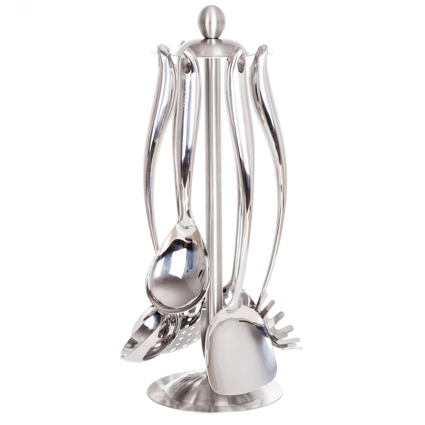 18/10 Stainless Steel Cooking Utensils Set with Holder, 7-Pieces All Metal Kitchen Utensils, 15’’ Long Kitchen Tools with Countertop Rotating Stand, Spatula, Ladle, Skimmer, Tunner, Pasta, Large Spoon