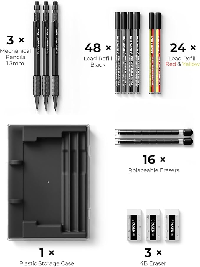 Four Candies 1.3mm Mechanical Pencil Set with 72 Lead Refill, 3PCS Metal Weatherproof Body Heavy Duty Carpenter Pencil, 3 Eraser, 16 Eraser Refill, for Outdoor Woodworking Drafting Marking with Case