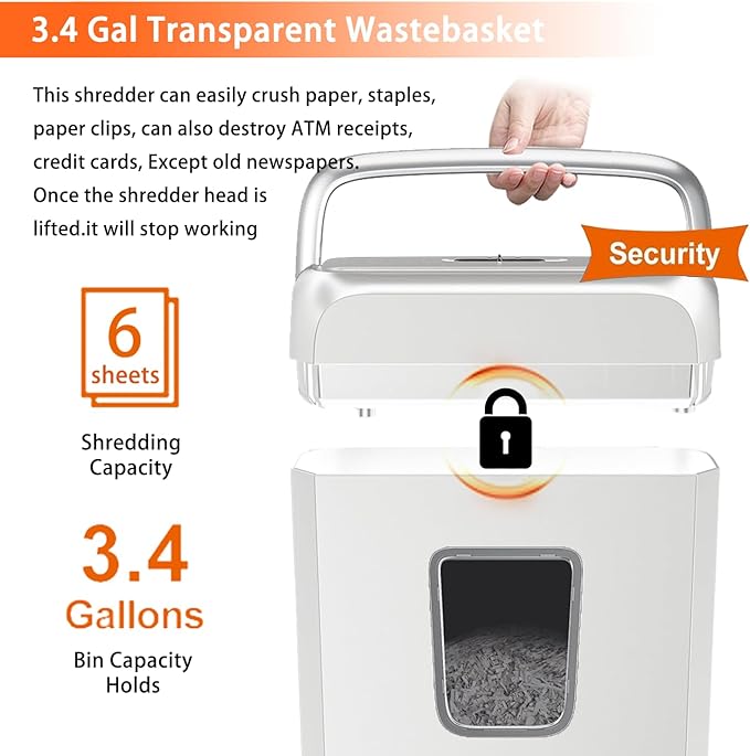 Bonsaii Quiet Cross-Cut Shredder, Ideal for Home Offices, Low-Noise Shredder, 6 Sheets at Once, Perfect for documents, Mail & Staples, 3.4-Gallon Wastebasket, Easy-Carry Handle, White