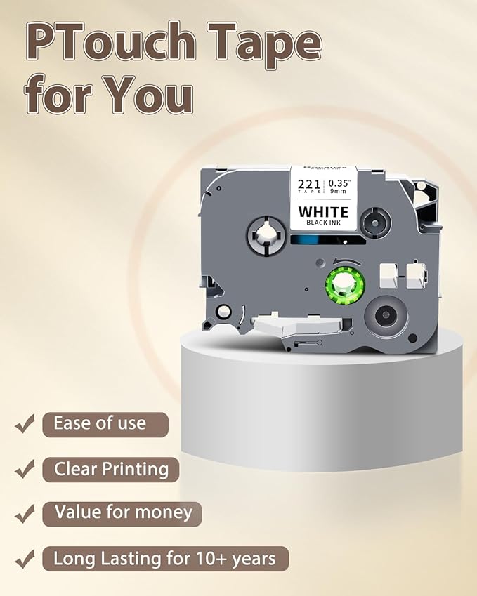 TZe-221 TZ Tape 9mm 0.35 Laminated White Compatible with Brother Label Maker Tape TZe-221 PTouch 3/8" Work with Brother PTouch D220 PTD210 PTH110 PTH111 PTP710BT PTD400 Cube, 6-Pack