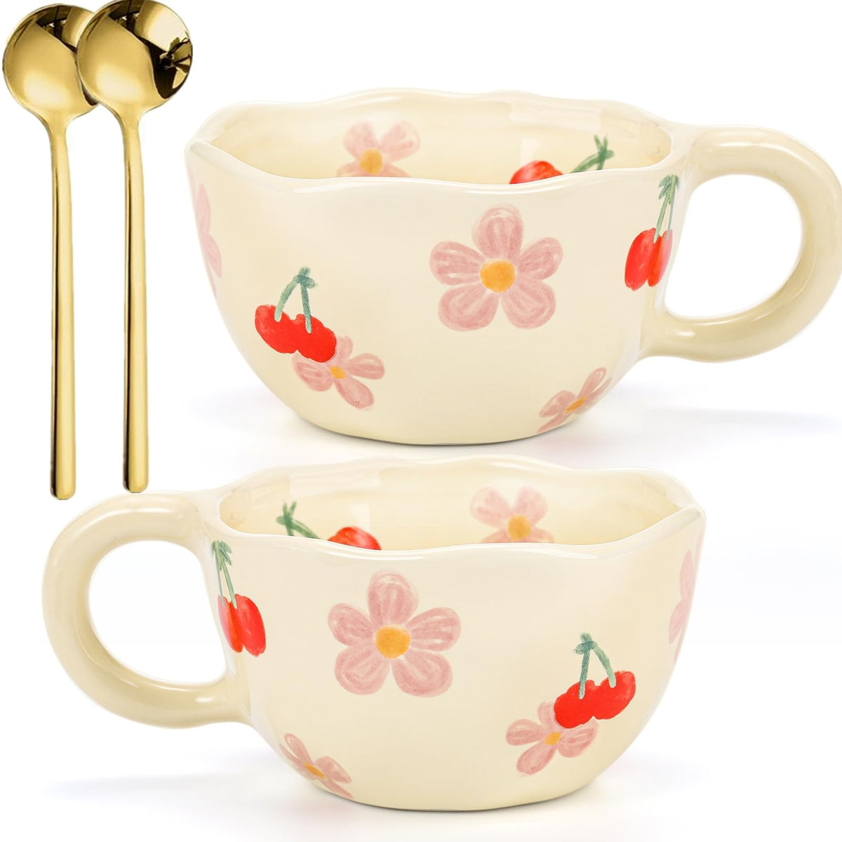 Yopay 2 Pack Ceramic Coffee Mug with Spoon, 8oz Handmade Hot Chocolate Mugs, Cute Cup for Girl Microwave Safe, Aesthetic Tea Milk Cup with Handle for Latte, Cocoa, Gift, Mom(Cherry flower)