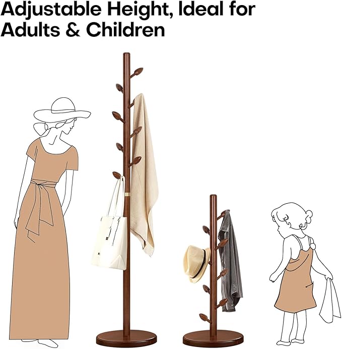 Wooden Coat Rack Freestanding - Heavy Duty Coat Tree Stand with 8 Bud-Shaped Hooks, Sturdy Round Base Coat Hanger for Entryway, Bedroom, Jackets & Clothes, 200lbs Capacity (Walnut)
